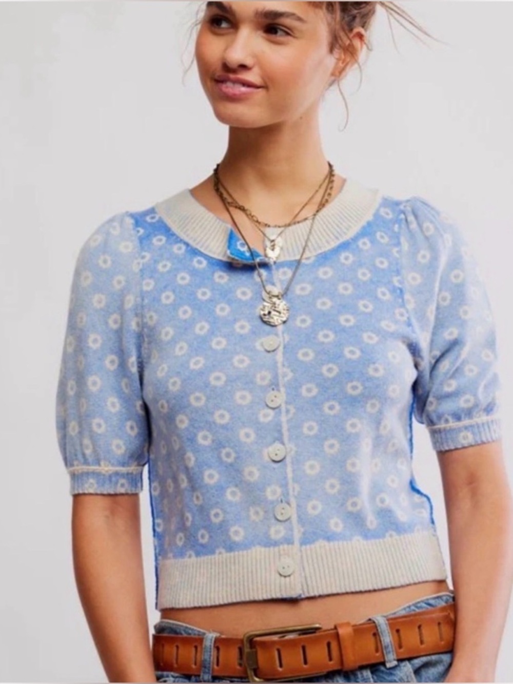 Free People Isla Patterned Cardigan Blue Wool Cashmere Knit BNWT Size L 💙🩵💙🩵 - Picture 4 of 12
